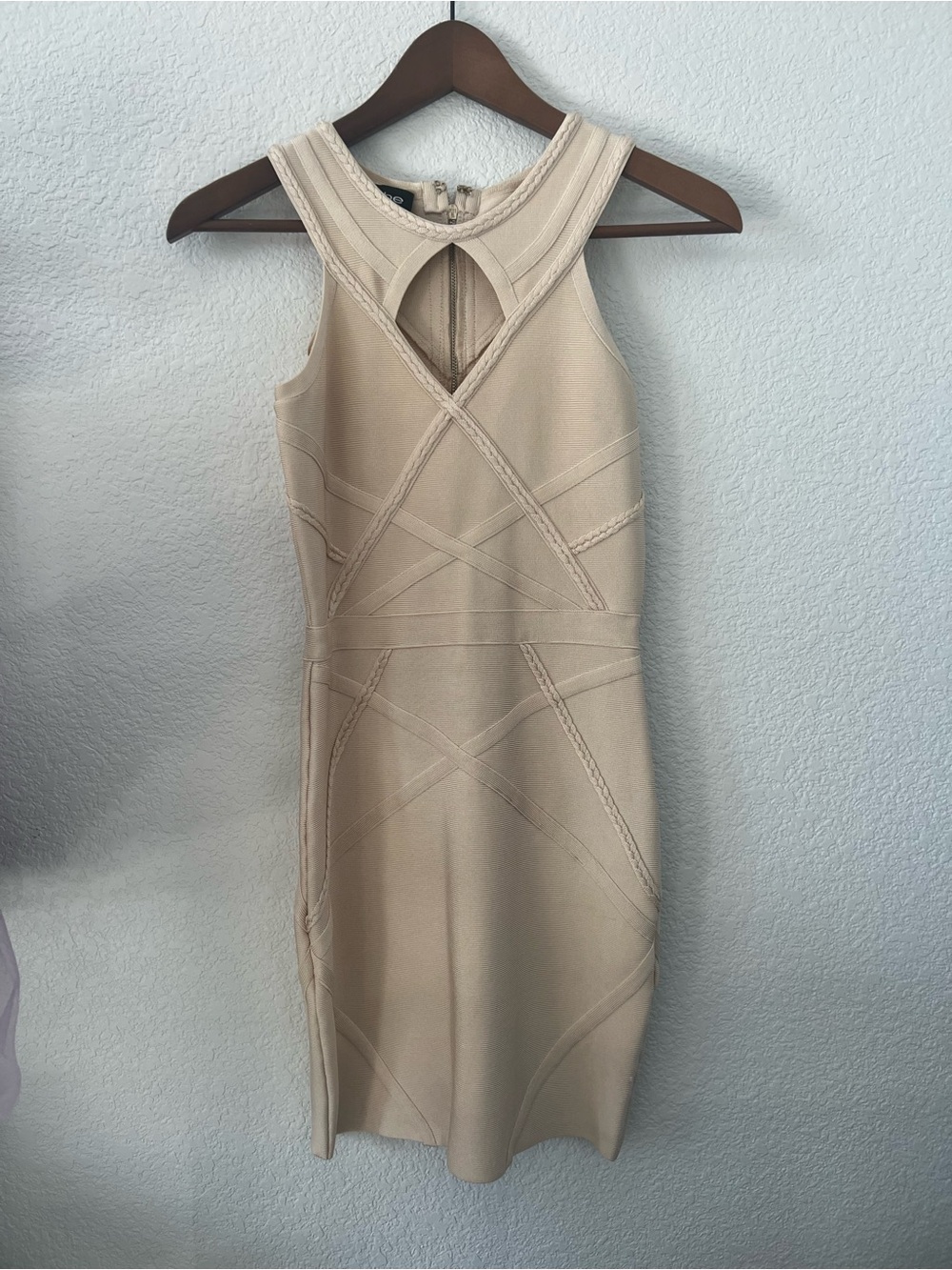 bebe Nude Beige Sleeveless Bodycon Midi Dress
